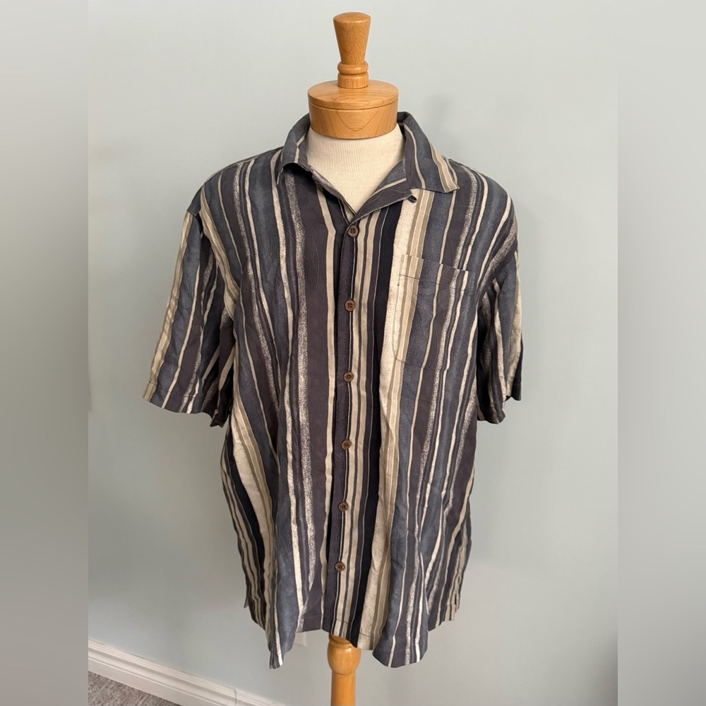 Tommy Bahama Silk Striped Hawaiian Camp Shirt 2000s Resort L